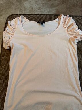 Forever 21 Light Pink Scoop Neck Short Sleeve Top with Embellished Puff Sleeves
